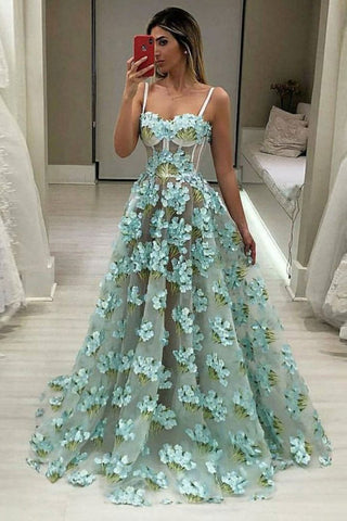 Cheap Spaghetti Strap Flower Lace Prom Dress, A Line Floor Length Evening Dress