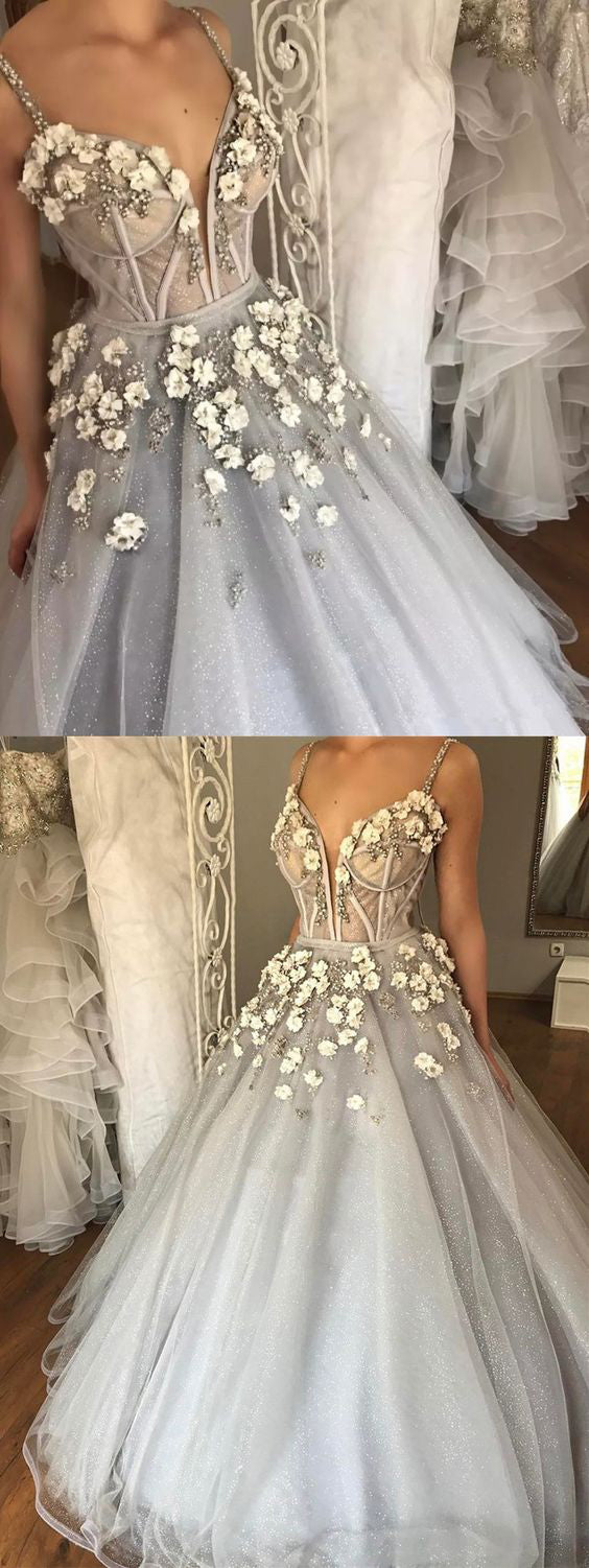 Sexy Straps Ball Gown Appliqued Deep V-Neck Beaded Wedding Dresses