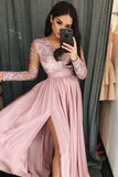 Simple V Neck Long Prom Dress with Long Sleeves, Pink Split Evening Dress with Lace N1732