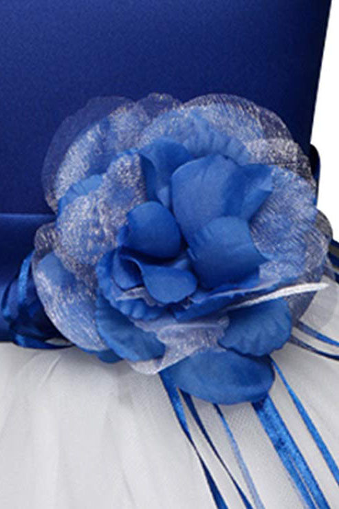 White and Blue Ball Gown Sleeveless Long Flower Girl Dresses with Blue Flowers Sash F065