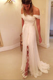 A Line Off-the-Shoulder Long Chiffon Beach Wedding Dresses with Lace Split N123