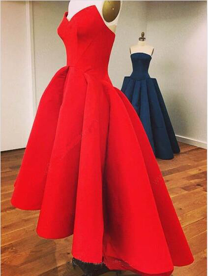 Red Sweetheart High-low Strapless Red Prom Dresses With Ruffles