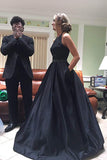 Black Halter Satin Prom Dress with Beading Long Evening Dress with Pockets N2070