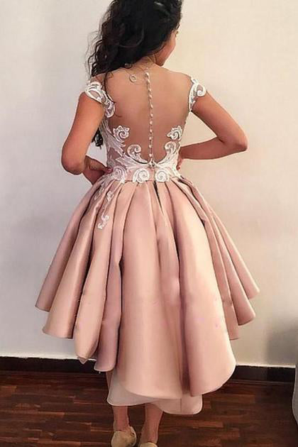 Unique Cap Sleeves High Low Sheer Neck Homecoming Dresses Cocktail Dresses with Lace N1811