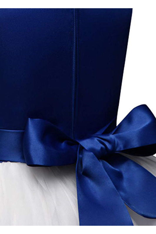 White and Blue Ball Gown Sleeveless Long Flower Girl Dresses with Blue Flowers Sash F065