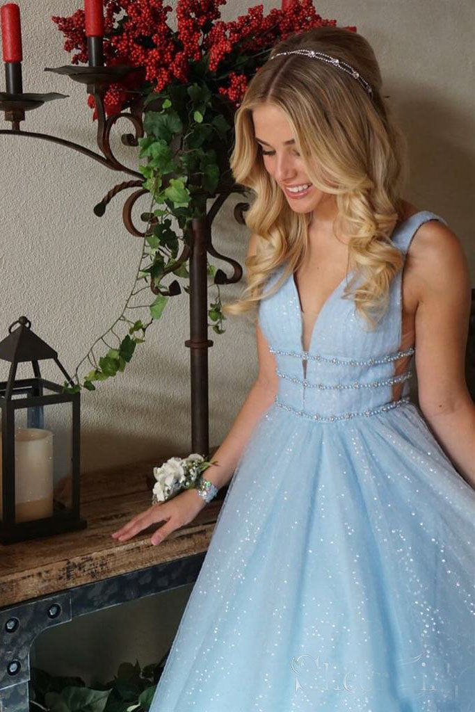 Sparkly Light Blue V-Neck Sleeveless Princess Prom Dresses
