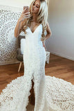 Sexy Mermaid Spaghetti Straps Backless Beach Lace Wedding Dress, Lace Bridal Dress N1361