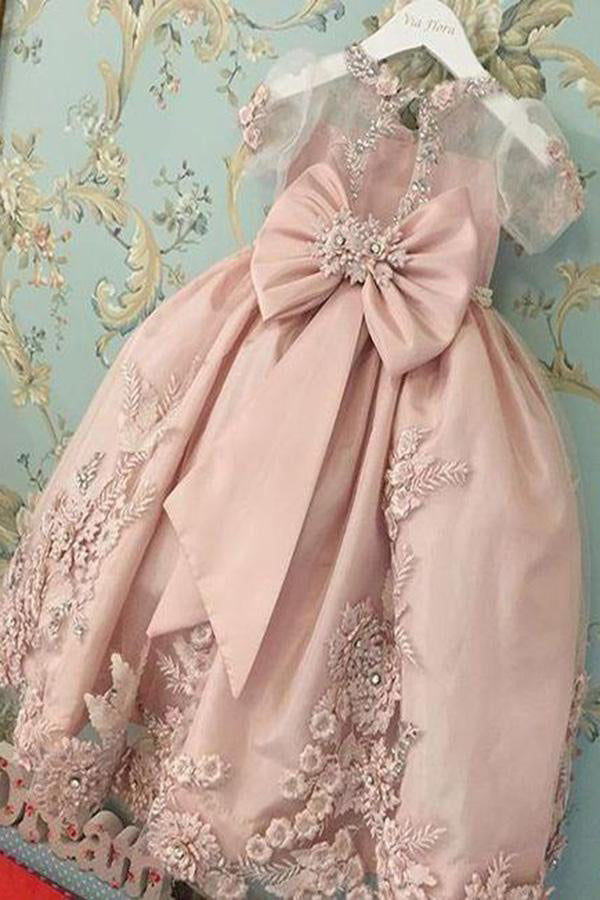 Blush Pink Short Sleeves Floor Length Appliqued Flower Girl Dress with Bow F037