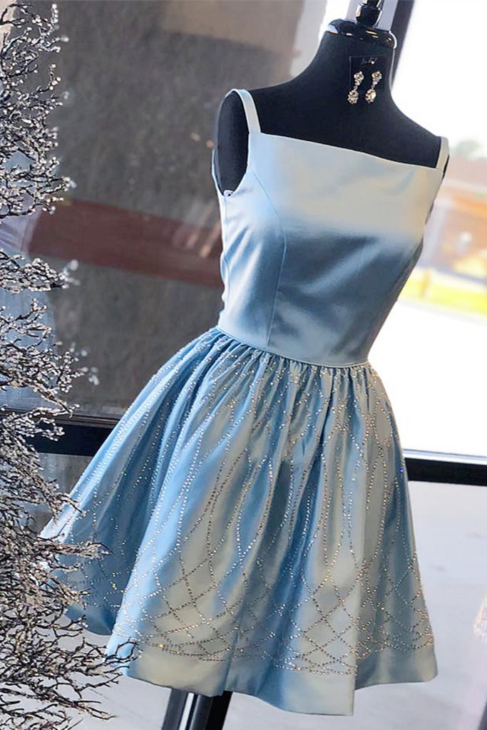 Sparkly Blue Satin Beading Square Neck Homecoming Dresses N1825