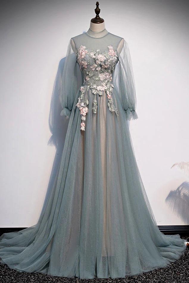 A Line Long Sleeves Tulle Prom Dress with Flowers, Unique Long Evening Dress with Applique N2638