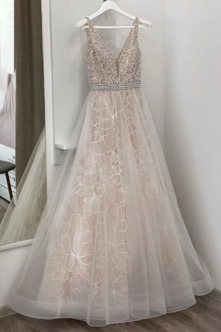 Deep V Neck Sleeveless A Line Lace Wedding Dress with Beading, Tulle Bridal Dress N2681