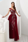 Burgundy V-Neck Sleeveless Tulle Long Prom Dresses with Beads Crystal N2282