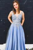 Gorgeous A Line V-Neck Appliques Sleeveless Sky Blue Beading Long Prom Dresses N2037