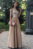 Peach Lace Chiffon A-Line Formal Evening Dress Beaded Long Prom Dress