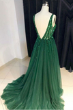 Luxurious V-Neck Dark Green Tulle Long Prom Dresses with Side Slit