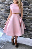 A-Line Short Sleeves Tea-Length Homecoming Dress, Two Piece Satin Prom Dresses N1951