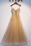 Spaghetti Straps Sleeveless Tulle Lace Appliques Prom Dress N2639