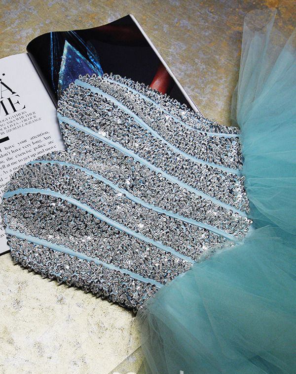 Pool Blue Sparkly Sweetheart Sequins Tulle Mini Homecoming Dresses N778