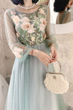 Long Sleeves Appliqued Tulle Prom Dresses Floor Length Appliques Evening Dresses N2324