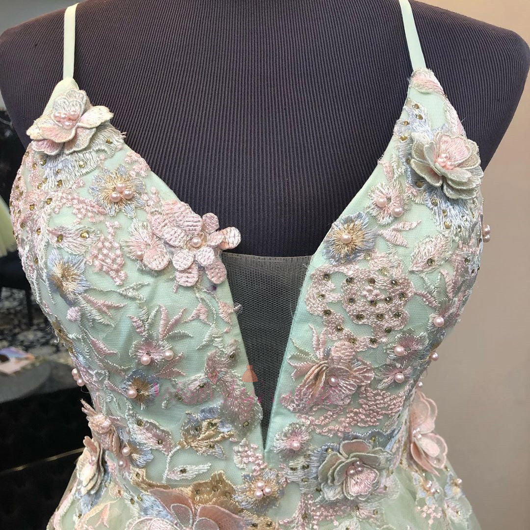 Mint Green Floral Appliques Tulle Homecoming Dresses with Pearls N2102