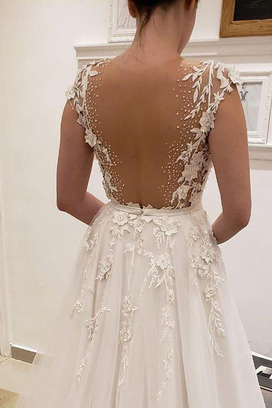 Tulle Lace Illusion Back A Line Wedding Dresses A Line V-Neck Bridal Dresses N1792