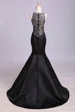 Black Mermaid Sleeveless Beaded Satin Prom Dresses Long Evening Dresses N1199