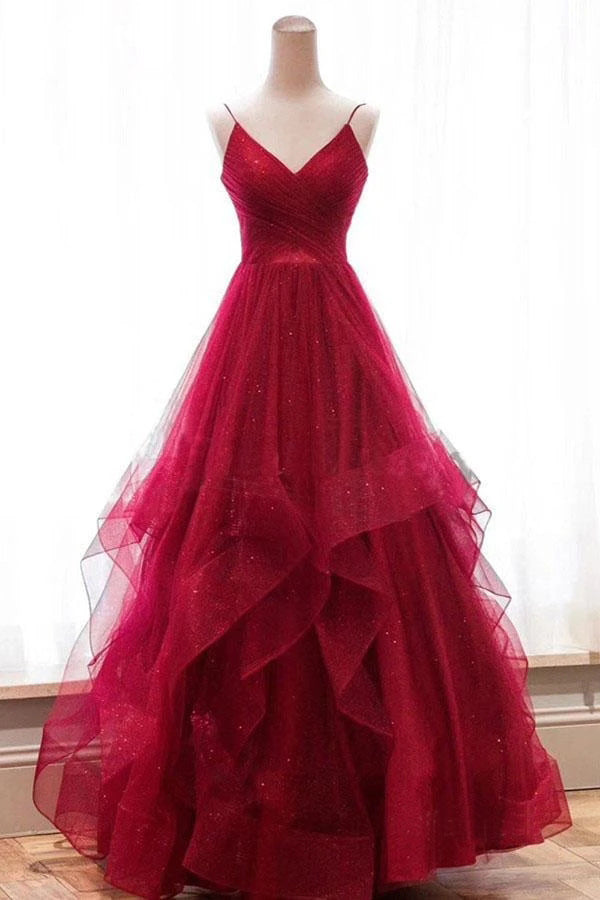 Spaghetti Straps V-Neck Asymmetrical Sparkly Long Prom Dresses