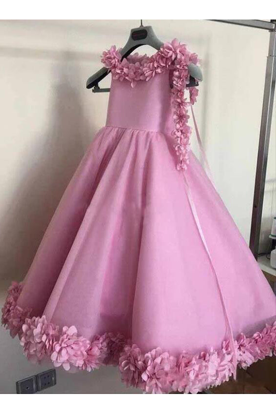 Floor Length Scoop Neck Ball Gown Flower Girls Dresses With 3D Floral Appliques F077