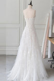 White Spaghetti Straps Lace Tulle Evening Dresses Floor Length Prom Dresses with Beads N2105