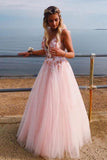 A Line Deep V-Neck Sleeveless Tulle Prom Dress with Appliques N2673