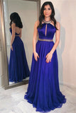 Royal Blue Floor Length Jewel Long Prom Dress with Beads, Sexy Backless Evening Dress