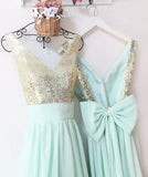 Tiffany Blue V-Neck Backless Bridesmaid Dresses Sparkly Prom Dresses with Bowknot N1127