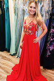 Red Chiffon Long Prom Dress with Side Slit, Embroidery Applique Long Evening Dress N1266