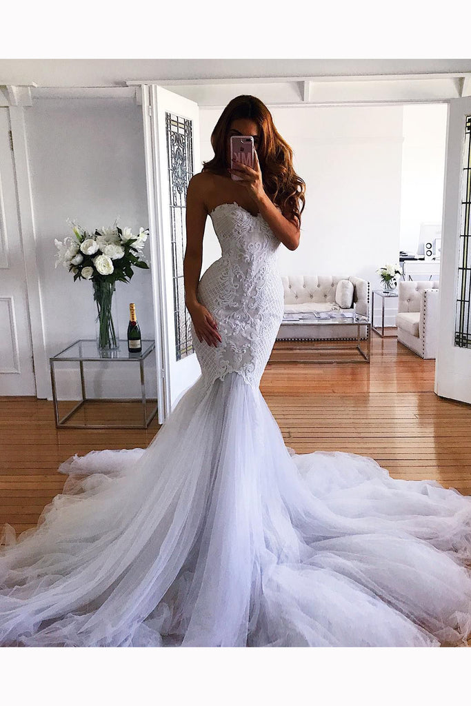 Mermaid Sweetheart Sweep Train Tulle Lace Appliqued Wedding Dresses