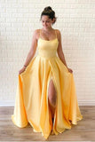 Simple Yellow Sleeveless Split Long Prom Dresses, Cheap Floor Length Evening Dresses N2630