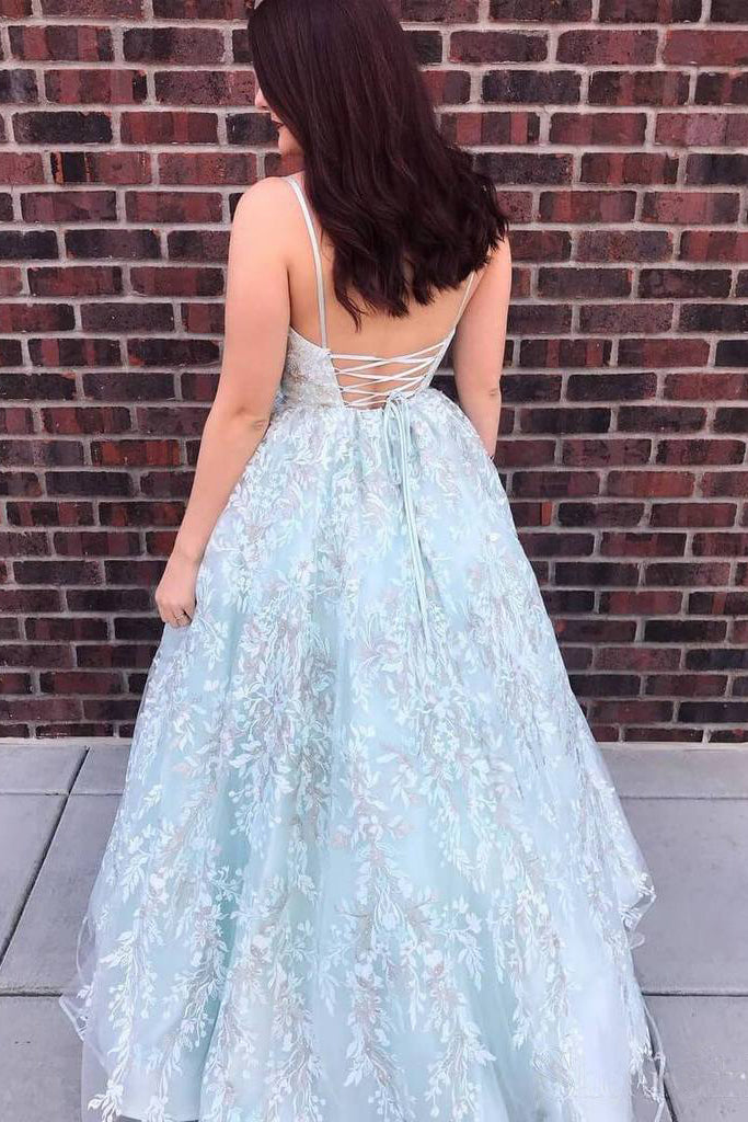 Spaghetti Strap Beaded Lace Appliques Prom Dresses