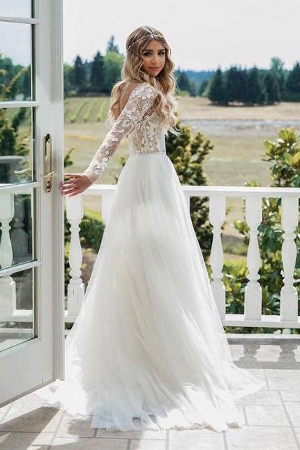 A Line Long Sleeves Lace Appliqued Open Back Wedding Dresses