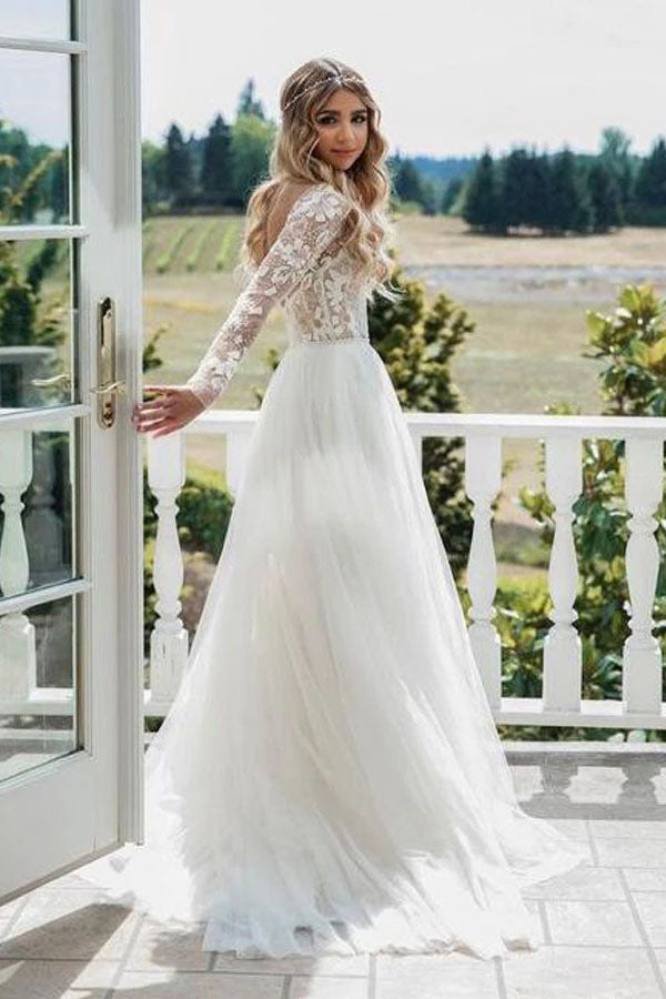 A Line Long Sleeves Lace Appliqued Open Back Wedding Dresses ...
