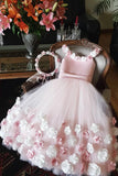 Cute Puffy Tulle Pink Flower Girl Dress With 3D Flowers