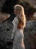 Mermaid V-Neck Boho Long Sleeve Lace Beach Wedding Dress