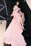 Spaghetti Straps Pink Chiffon Long Prom Dresses A Line Evening Dresses with Ruffle N2094