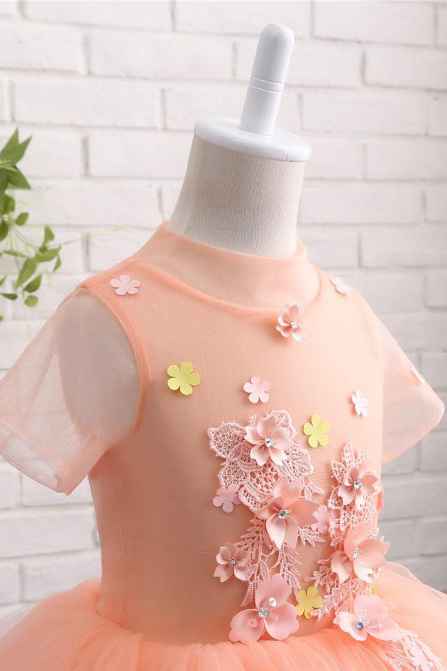 Cute Peach Short Flower Girl Dresses For Weddings High Neck Short Sleeves Dresses F062