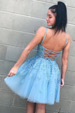 A Line V-Neck Lace Appliques Tulle Homecoming Dress N2124