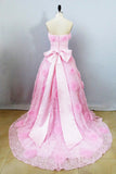 Strapless A Line Prom Dresses with Flowers Unique Pink Sweep Train Party Dresses N2615