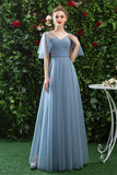 V-Neck Tulle Long Prom Dresses with Short Sleeves A Line Bridesmaid Dresses N2321