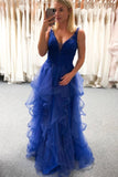 Blue V Neck Sleeveless Tulle Prom Dress with Ruffles, Floor Length Beading Formal Dress N2643