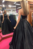 Black Halter Satin Prom Dress with Beading Long Evening Dress with Pockets N2070