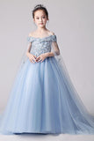 Beauty Blue Off the Shoulder Applique Flower Girl Dresses, Long Sweep Train Flower Girl Dress F080