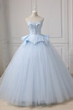 Light Blue Sweetheart Ball Gown Beading Tulle Prom Dress, Sweep Train Quinceanera Dress N2540