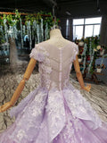 Lilac Ball Gown Short Sleeve Prom Dresses with Flowers Gorgeous Quinceanera Dresses N2626